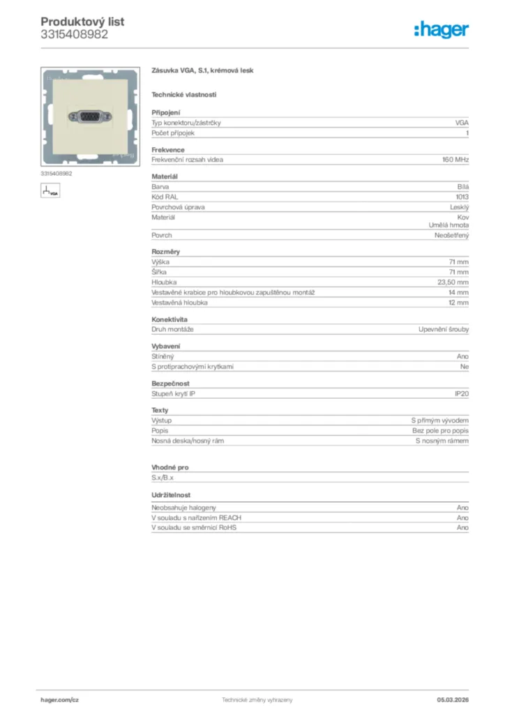 Obrázek Hager Product data sheet 3315408982 | Hager
