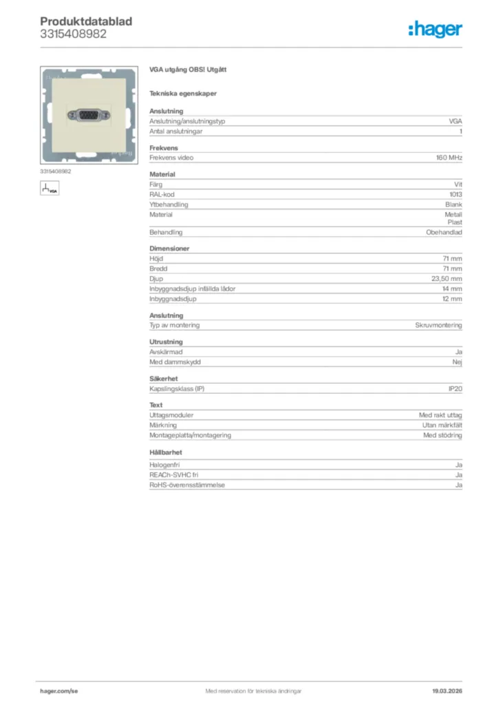 Bild Hager Produktdatablad 3315408982 | Hager Sverige