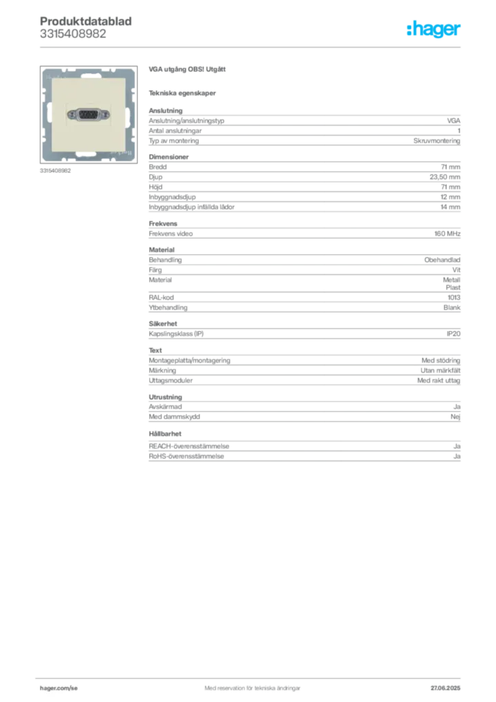 Bild Hager Produktdatablad 3315408982 | Hager Sverige
