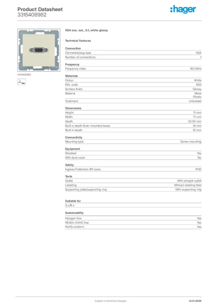 Image Hager Product data sheet 3315408982  | Hager