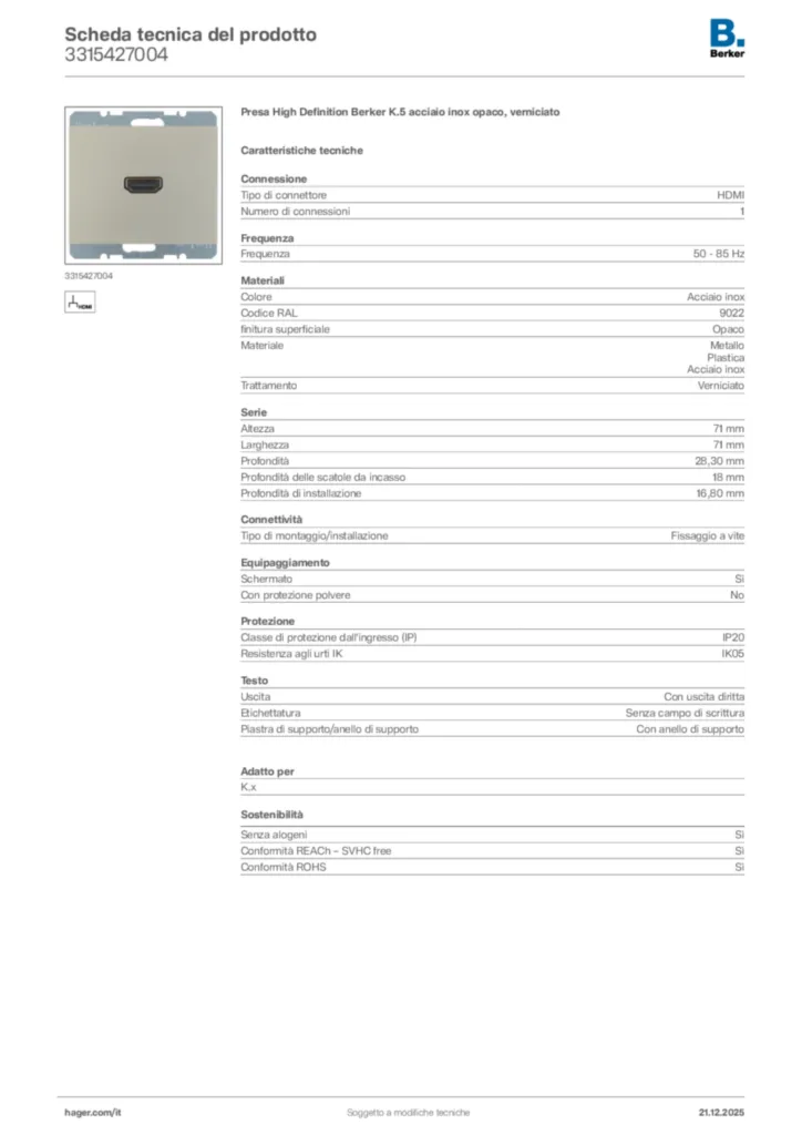 Immagine Berker Scheda tecnica del prodotto 3315427004 | Hager Italia