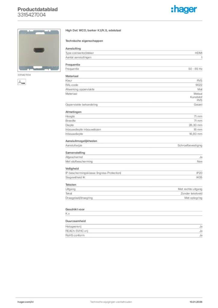 Afbeelding Hager Productdatablad 3315427004 | Hager Nederland