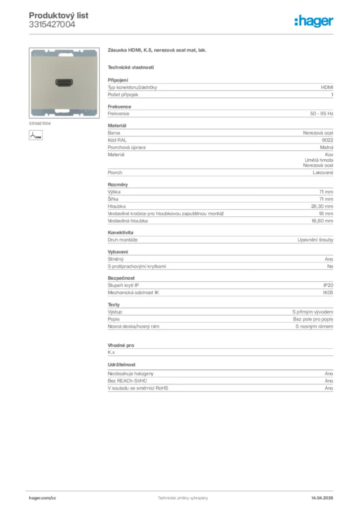 Obrázek Hager Product data sheet 3315427004 | Hager
