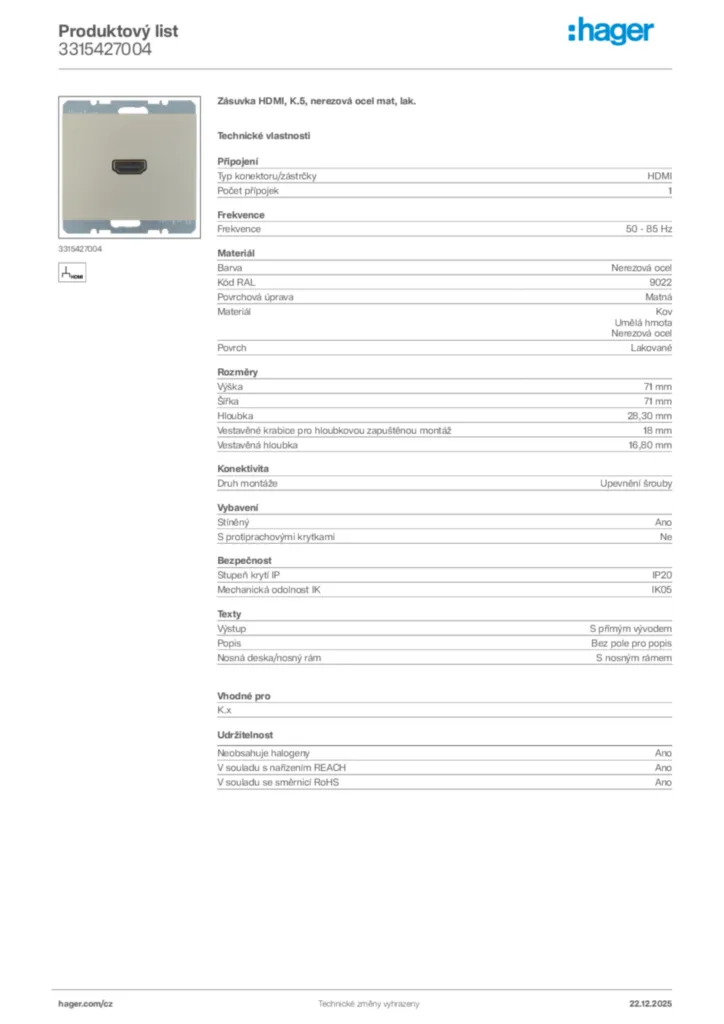 Obrázek Hager Produktový list 3315427004 | Hager