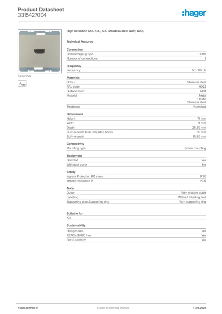 Image Hager Product data sheet 3315427004  | Hager