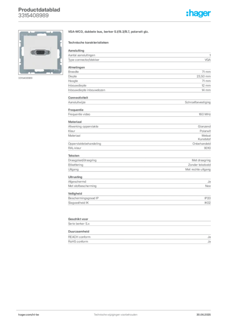 Afbeelding Hager Productdatablad 3315408989 | Hager Belgium