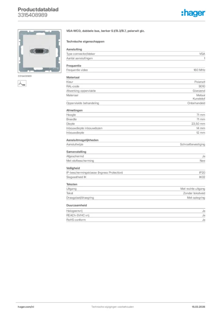 Afbeelding Hager Productdatablad 3315408989 | Hager Nederland