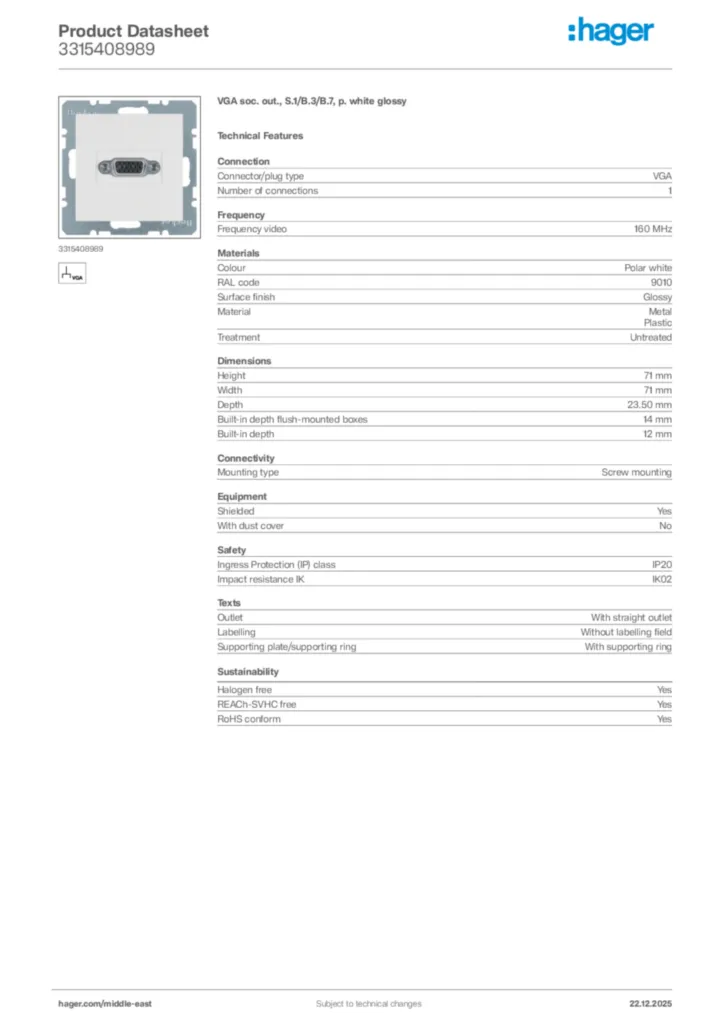 Image Hager Product data sheet 3315408989  | Hager