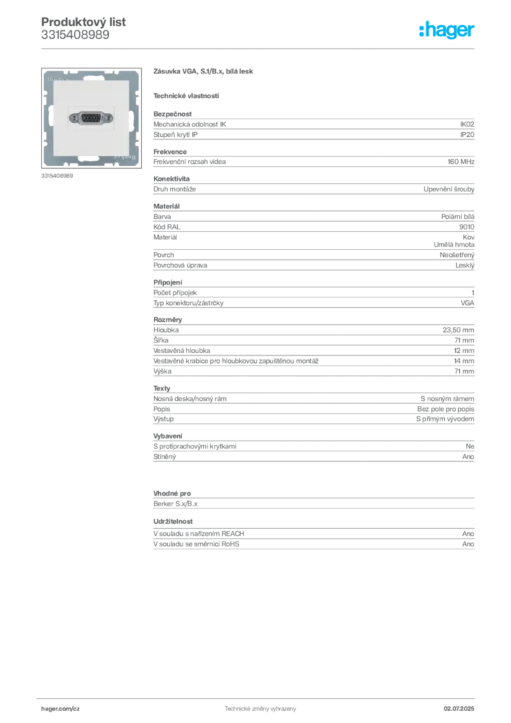 Obrázek Hager Produktový list 3315408989 | Hager