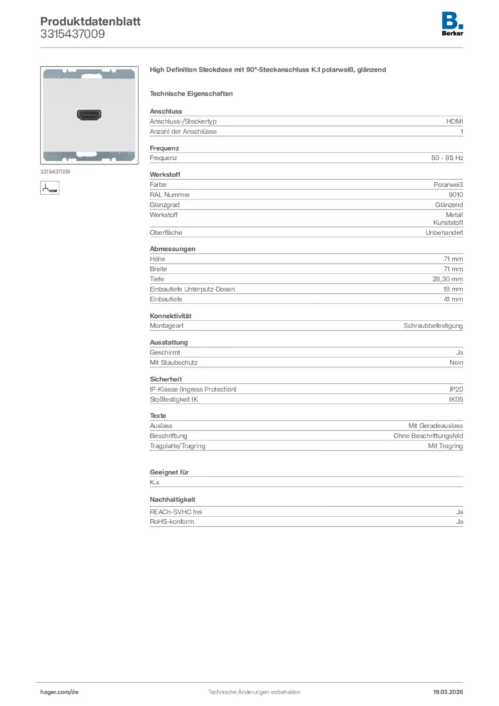 Bild Berker Produktdatenblatt 3315437009 | Hager Deutschland