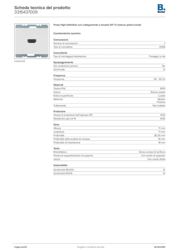 Immagine Berker Scheda tecnica del prodotto 3315437009 | Hager Italia