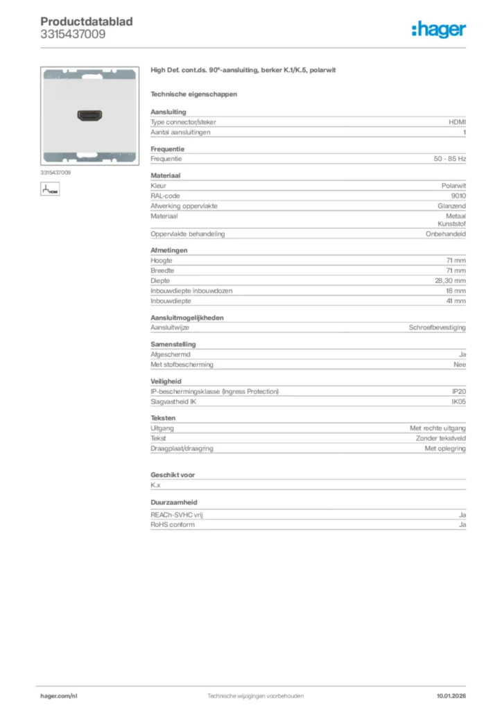 Afbeelding Hager Productdatablad 3315437009 | Hager Nederland