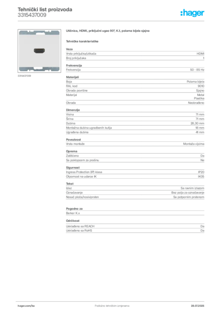 Slika Hager Product data sheet 3315437009  | Hager