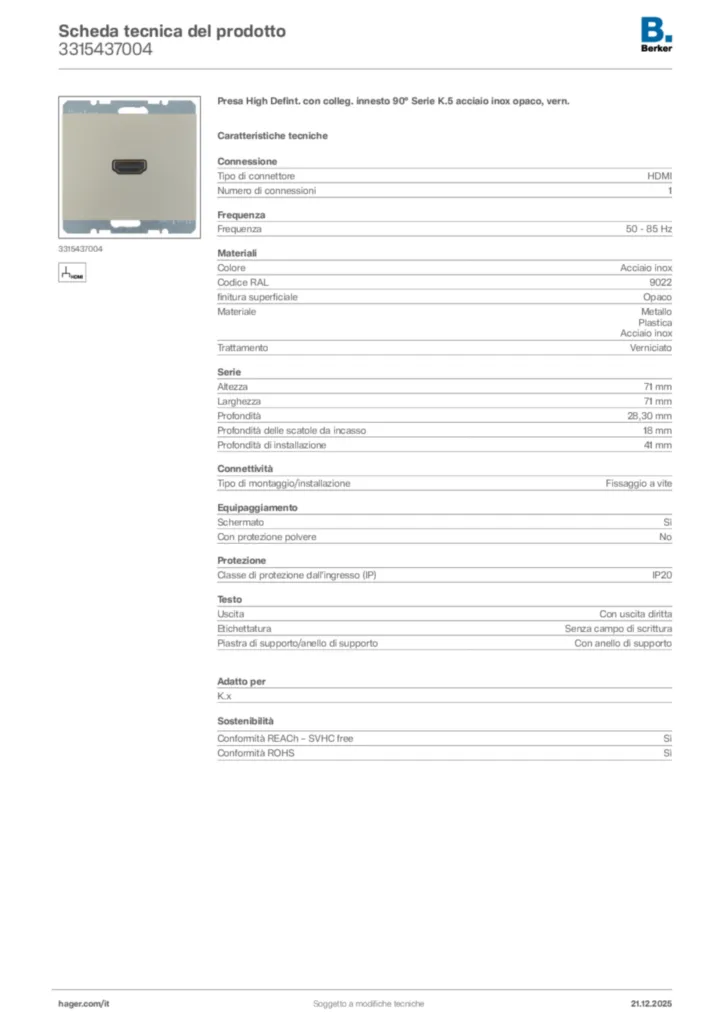 Immagine Berker Scheda tecnica del prodotto 3315437004 | Hager Italia