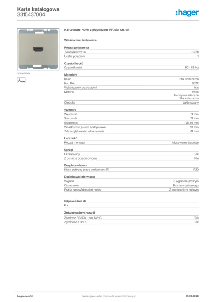 Zdjęcie Hager Karta katalogowa 3315437004 | Hager Polska