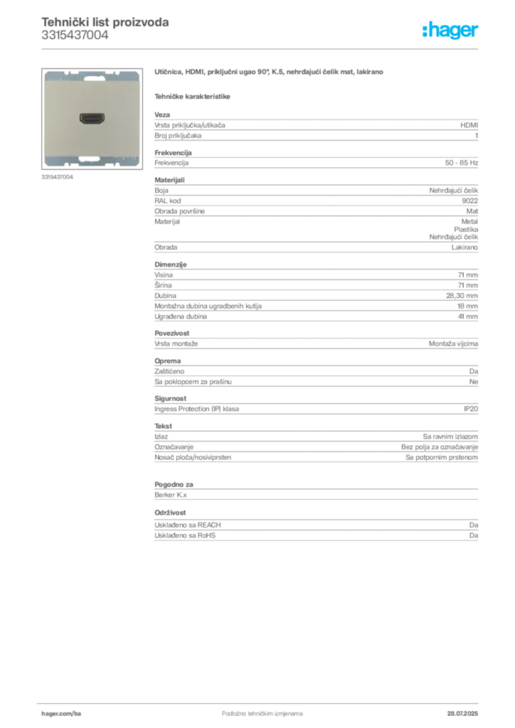 Slika Hager Product data sheet 3315437004  | Hager