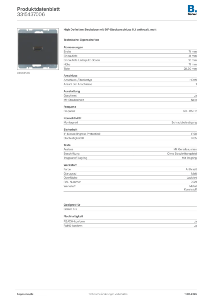 Berker Produktdatenblatt 3315437006