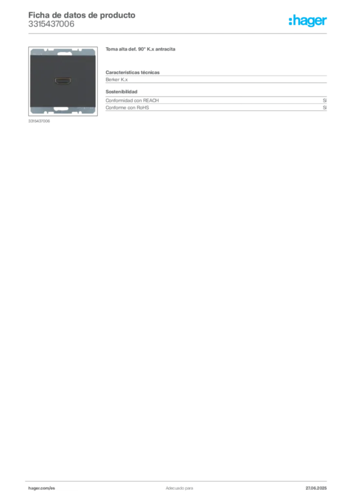 Imagen Hager Ficha de datos de producto 3315437006 | Hager España