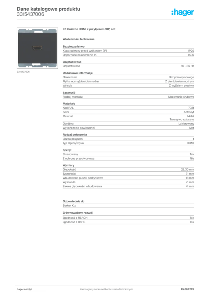 Zdjęcie Hager Dane katalogowe produktu 3315437006 | Hager Polska