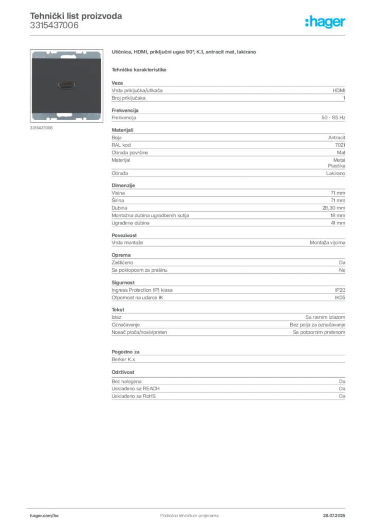 Slika Hager Product data sheet 3315437006  | Hager