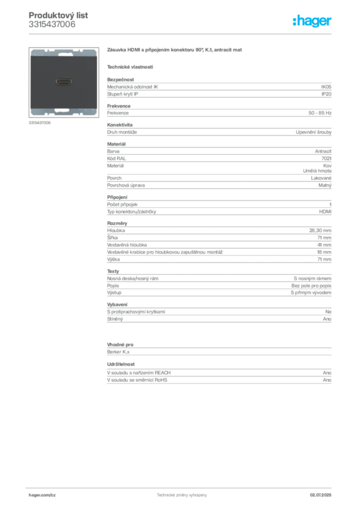 Obrázek Hager Produktový list 3315437006 | Hager