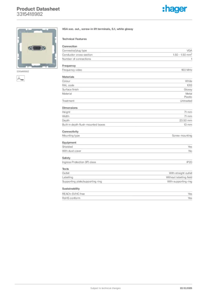 Image Hager Product data sheet 3315418982  | Hager Africa