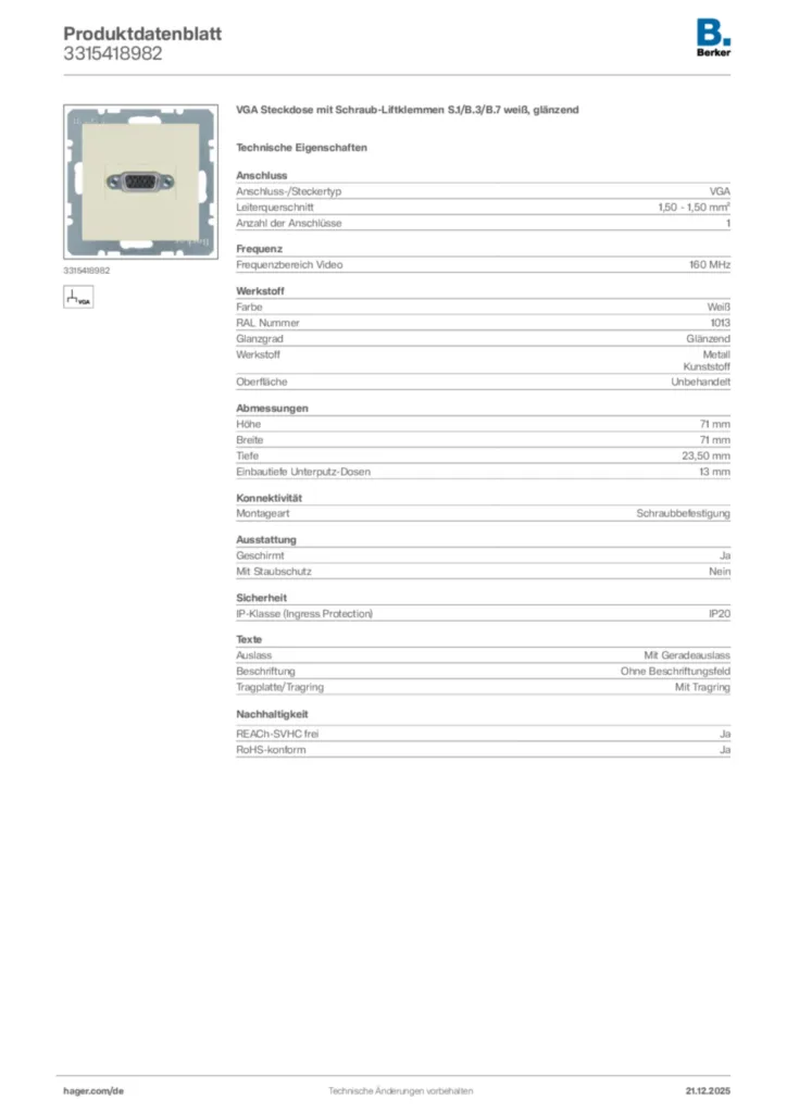 Bild Berker Produktdatenblatt 3315418982 | Hager Deutschland
