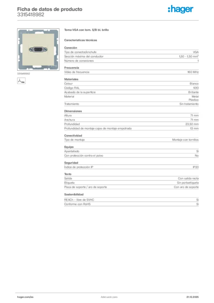 Imagen Hager Ficha de datos de producto 3315418982 | Hager España