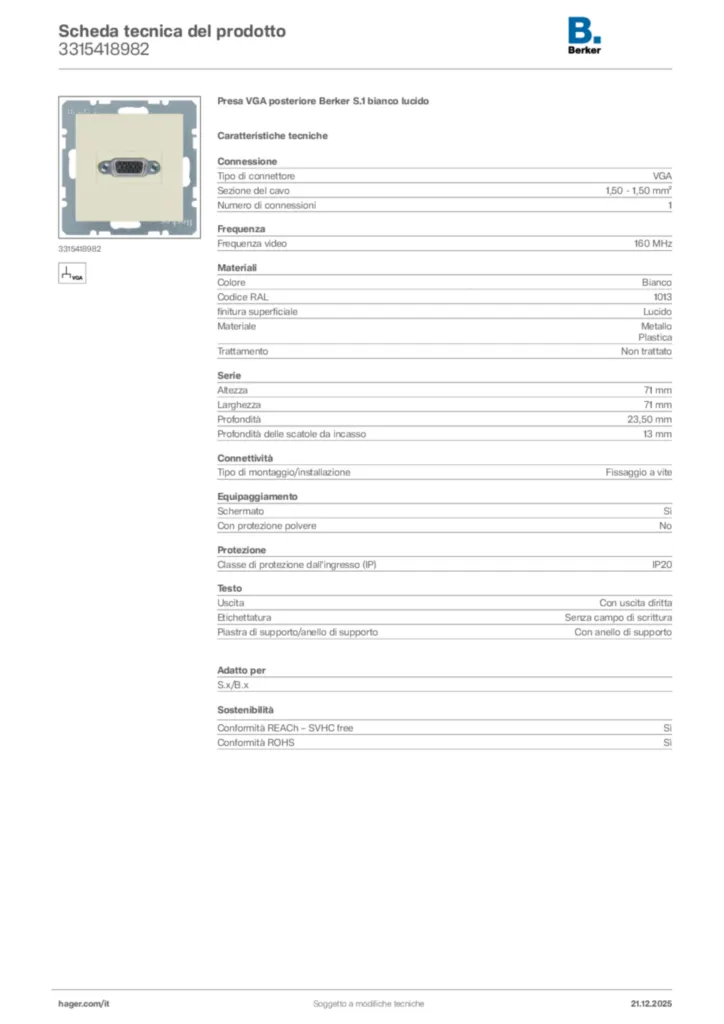 Immagine Berker Scheda tecnica del prodotto 3315418982 | Hager Italia