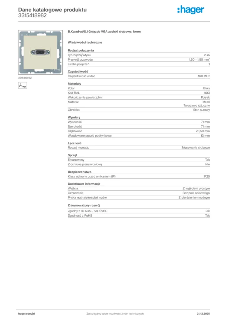 Zdjęcie Hager Dane katalogowe produktu 3315418982 | Hager Polska