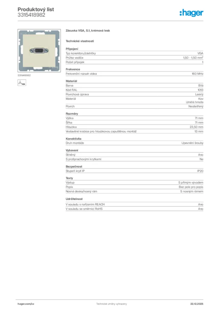 Obrázek Hager Produktový list 3315418982 | Hager