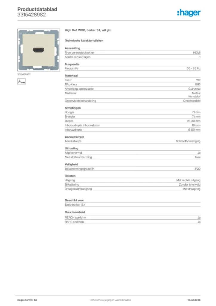 Afbeelding Hager Productdatablad 3315428982 | Hager Belgium