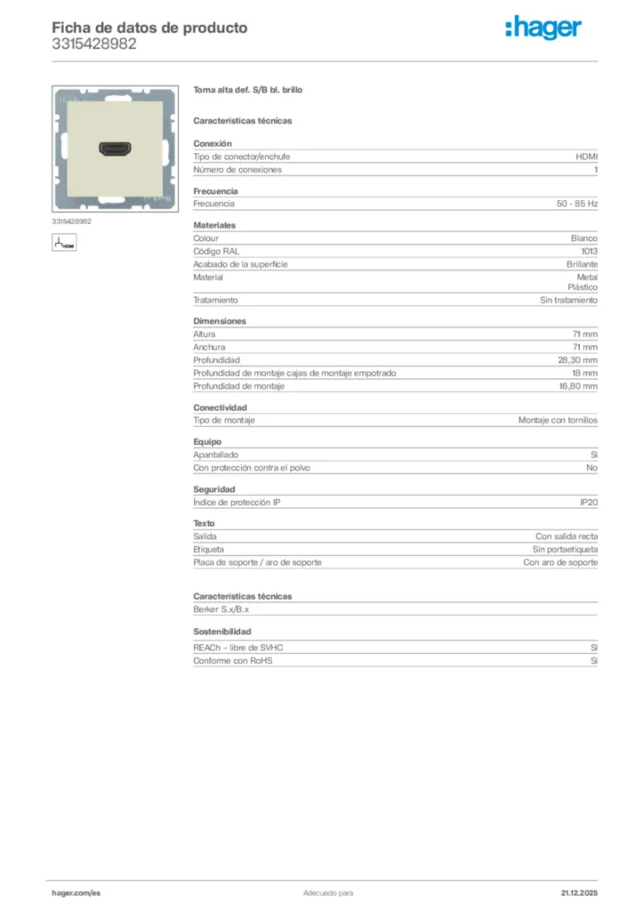 Imagen Hager Ficha de datos de producto 3315428982 | Hager España