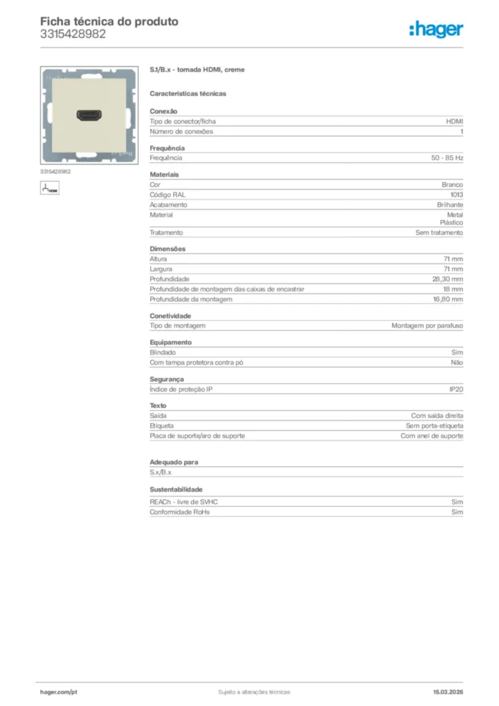 Imagem Hager Ficha técnica do produto 3315428982 | Hager Portugal