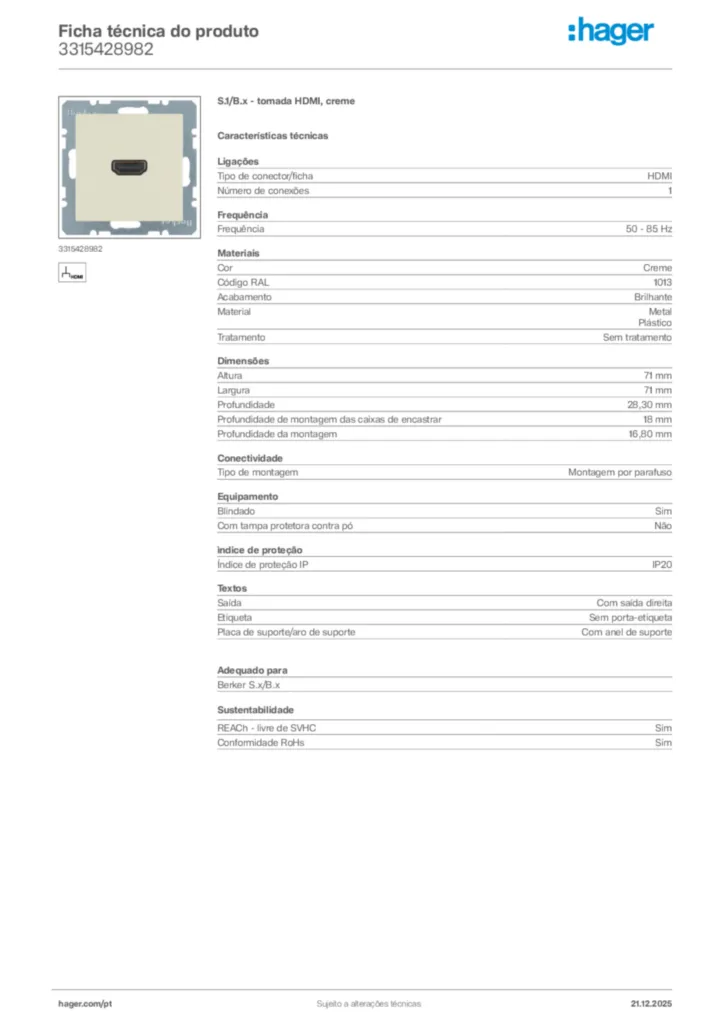 Imagem Hager Ficha técnica do produto 3315428982 | Hager Portugal