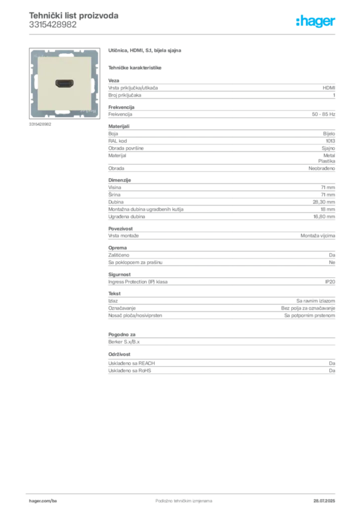 Slika Hager Product data sheet 3315428982  | Hager