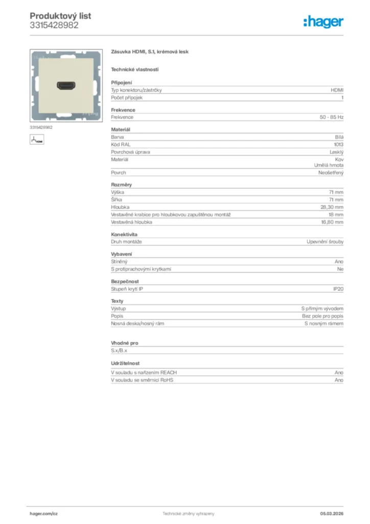 Obrázek Hager Product data sheet 3315428982 | Hager