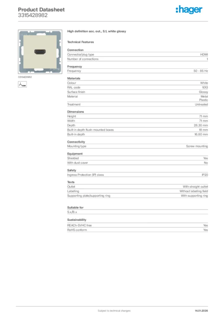 Image Hager Product data sheet 3315428982  | Hager