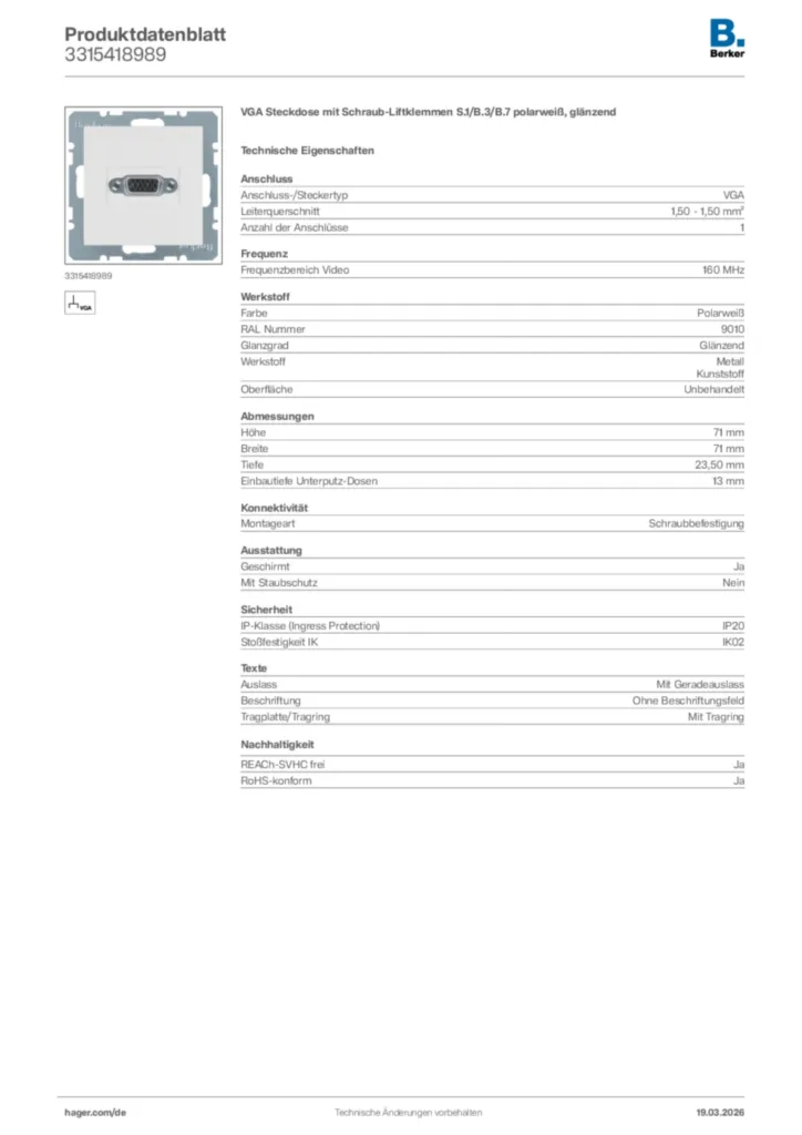 Bild Berker Produktdatenblatt 3315418989 | Hager Deutschland