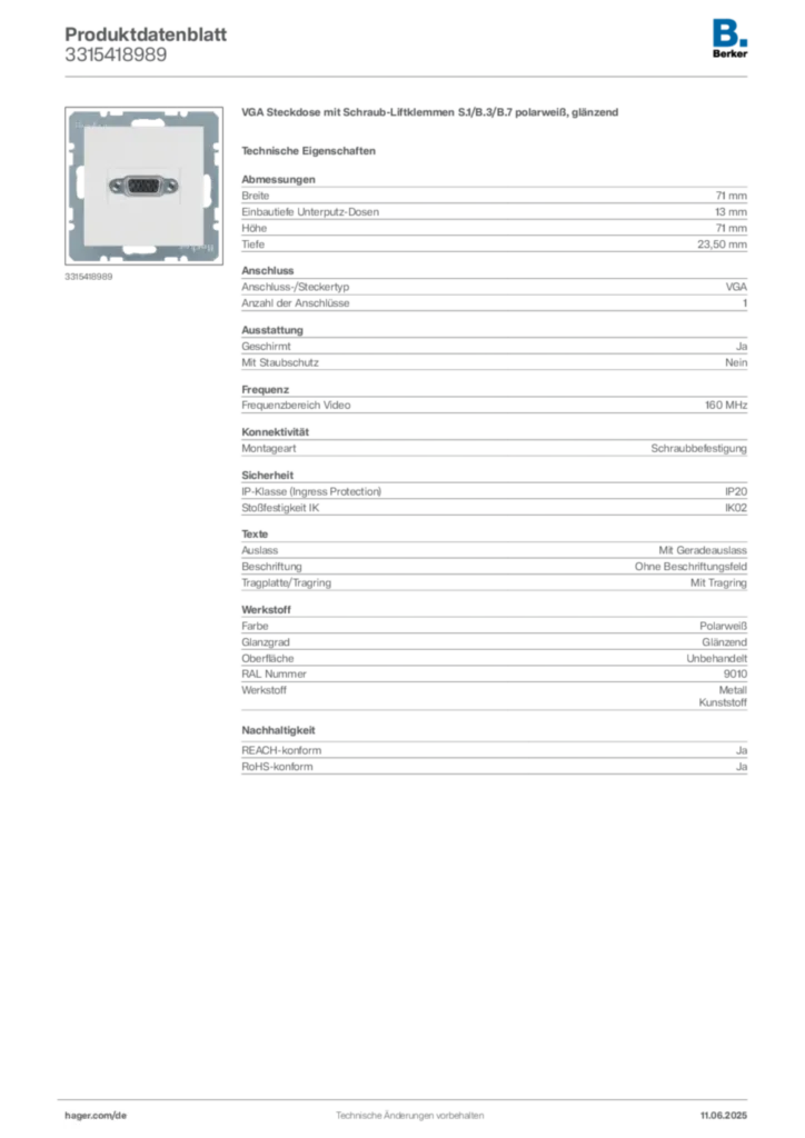 Bild Berker Produktdatenblatt 3315418989 | Hager Deutschland