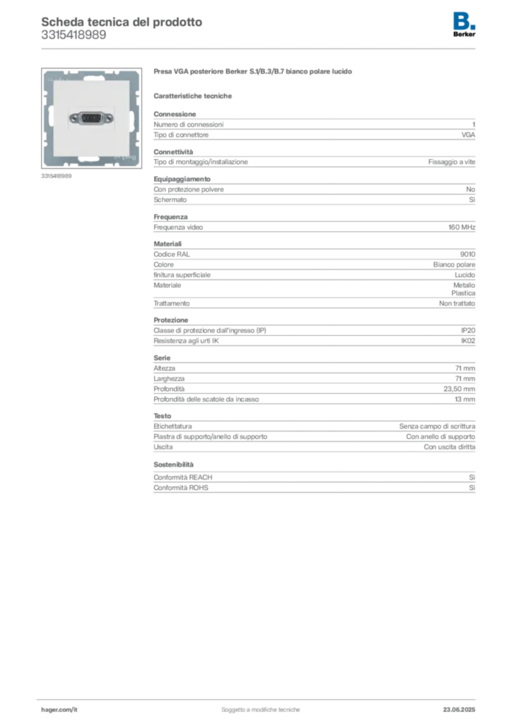 Immagine Berker Scheda tecnica del prodotto 3315418989 | Hager Italia