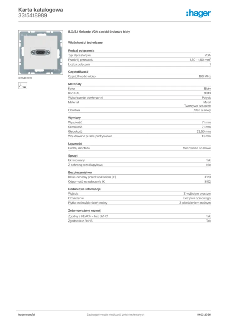 Zdjęcie Hager Karta katalogowa 3315418989 | Hager Polska