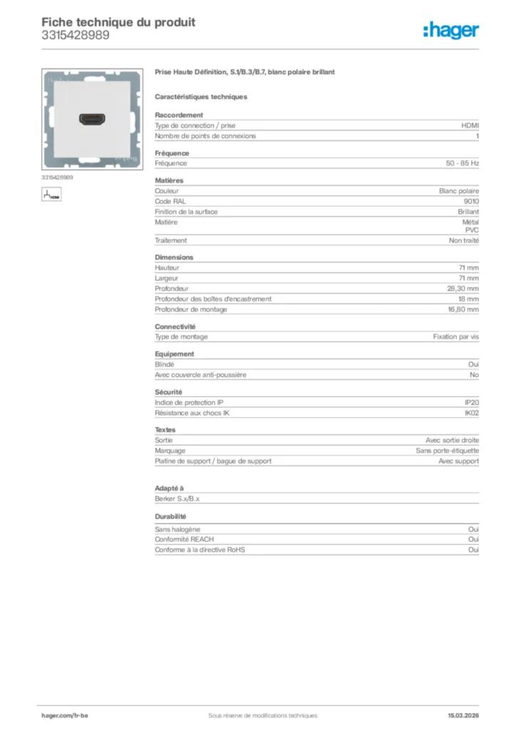 Image Hager Fiche technique du produit 3315428989 | Hager Belgique