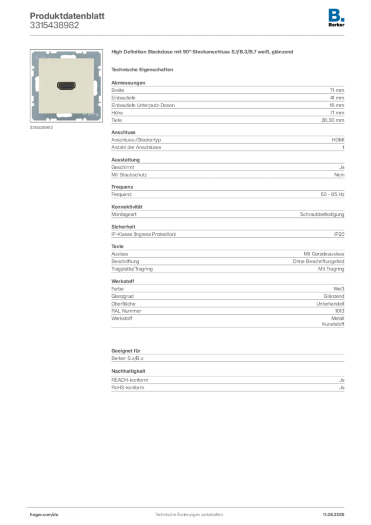 Bild Berker Produktdatenblatt 3315438982 | Hager Deutschland