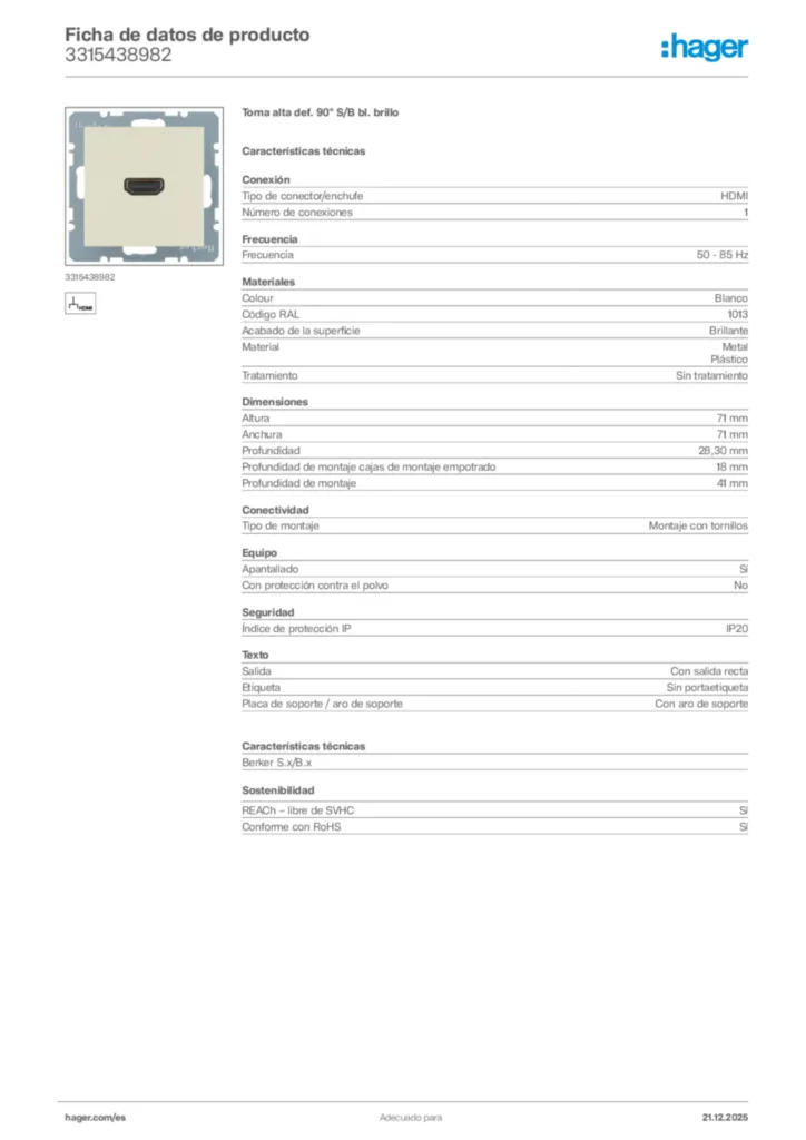 Imagen Hager Ficha de datos de producto 3315438982 | Hager España