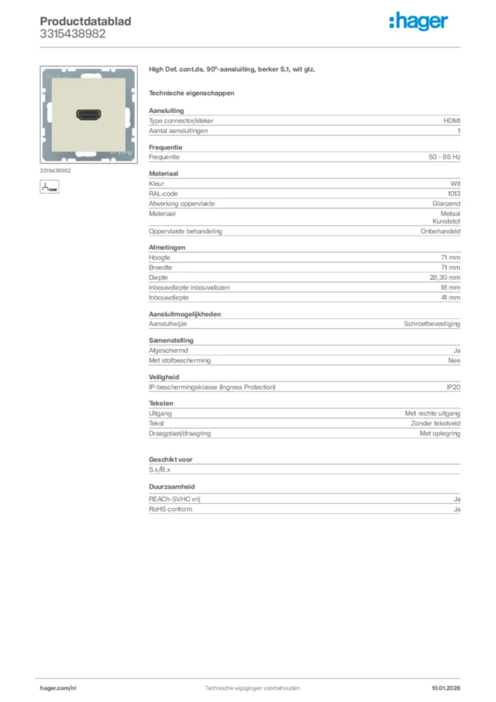 Afbeelding Hager Productdatablad 3315438982 | Hager Nederland