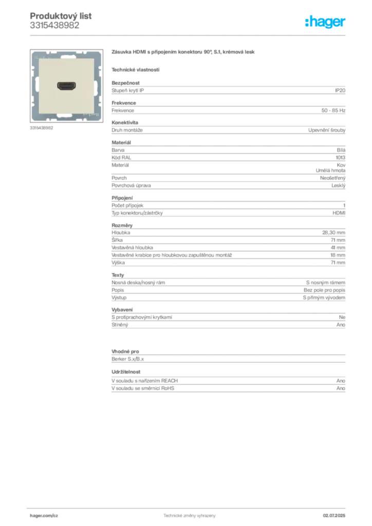 Obrázek Hager Produktový list 3315438982 | Hager