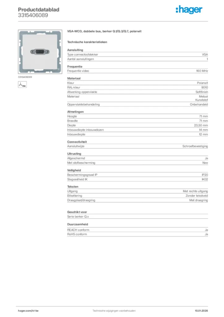 Afbeelding Hager Productdatablad 3315406089 | Hager Belgium