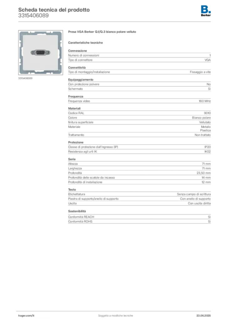 Immagine Berker Scheda tecnica del prodotto 3315406089 | Hager Italia