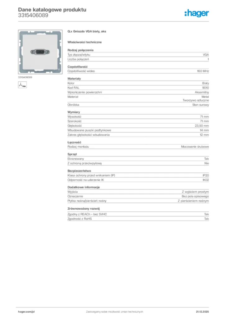 Zdjęcie Hager Dane katalogowe produktu 3315406089 | Hager Polska
